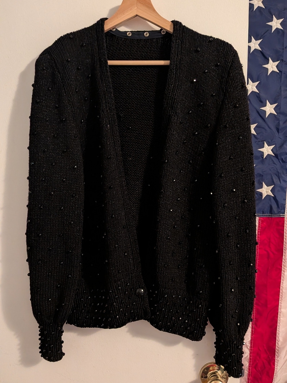Black Beaded Open-Front Women's Sweater